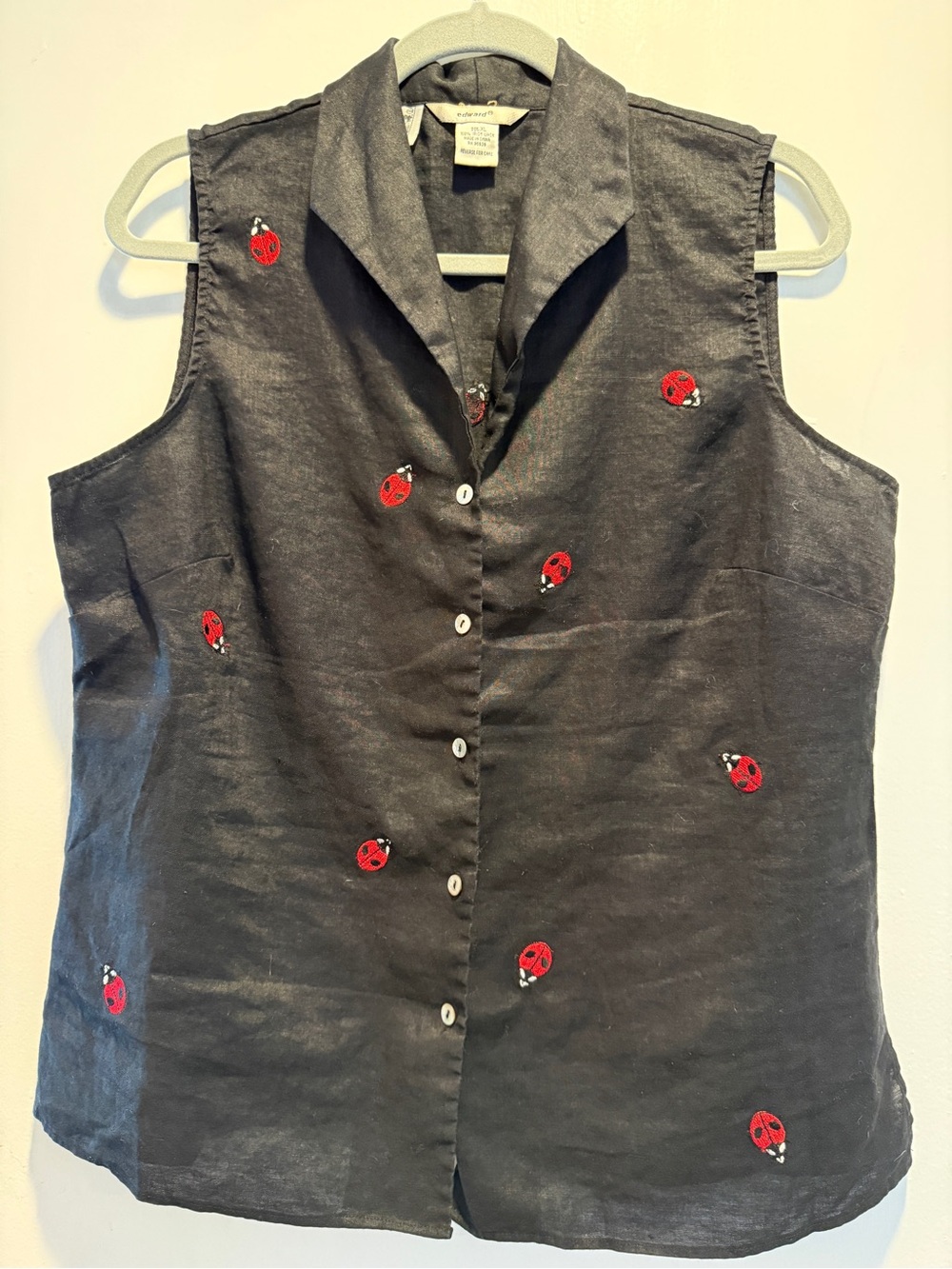 Sleeveless Black Linen Button-Up Top with Red Ladybug Embroidery